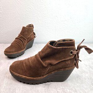 Fly London Platform Wedge Boots Suede Dark Brown Chunky Comfort Ankle Booties